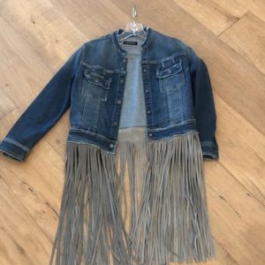 Adorable jean jacket with gray suede fringe detail
